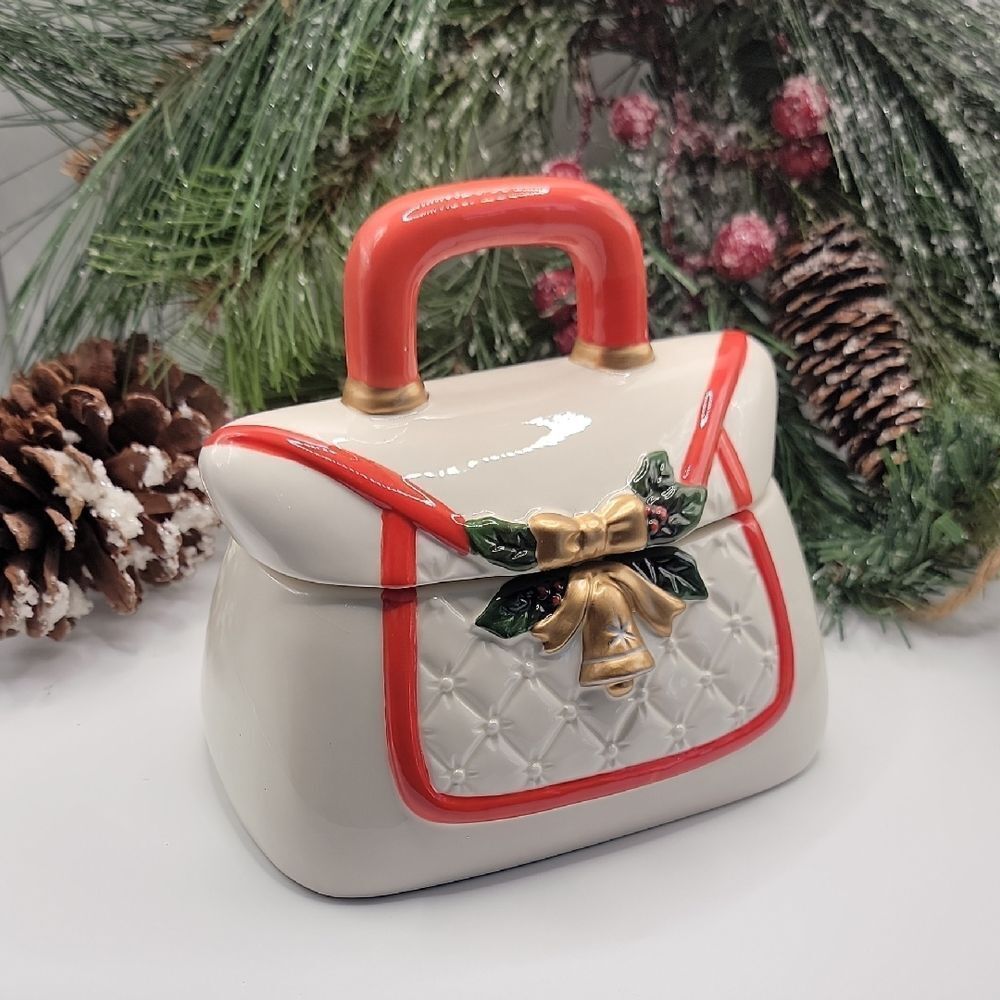 Davids Cookies Ceramic Purse Cookie Jar White And Red Vintage